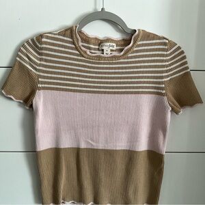 Maison jules Society Striped Ribbed Top - Pink and Tan